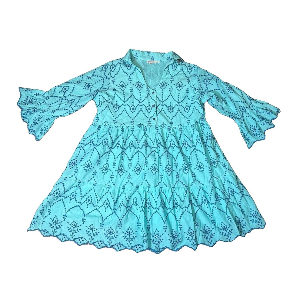 Modaposa XL Turquoise Cotton Eyelet Tiered Mini Dress Embroidered Scalloped Boho